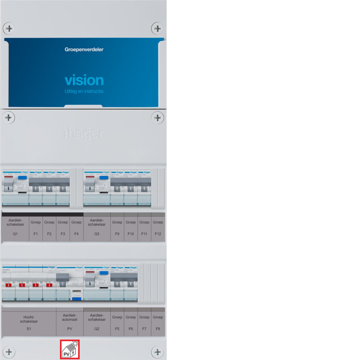 Hager Vision 8-Groepenverdeler, HS, 3X als 63a +PV haco 16a/300ma, 1/3F