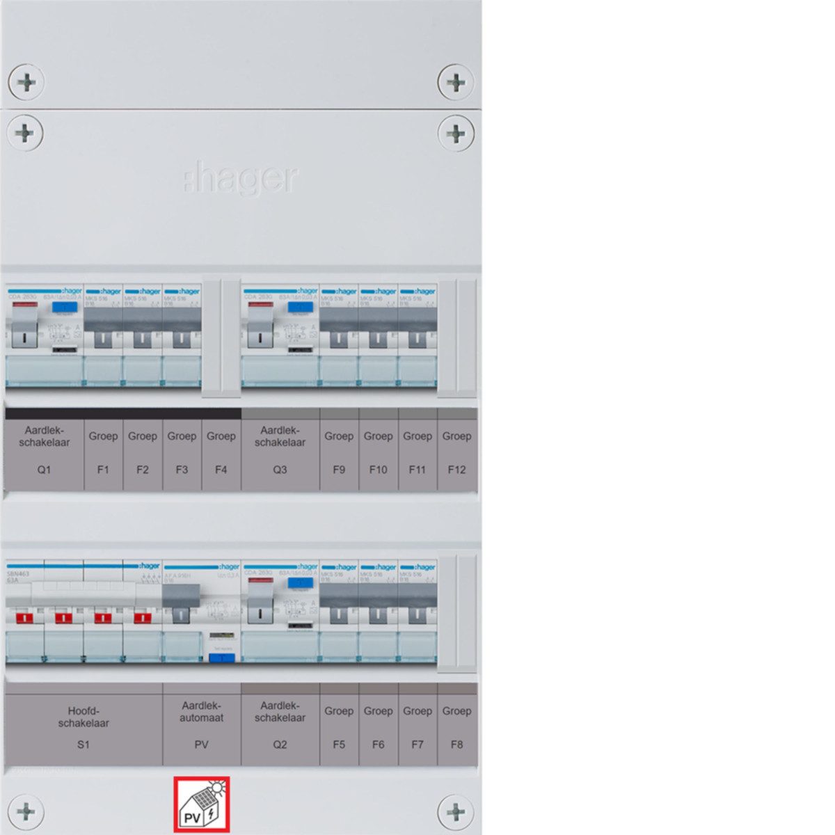 Hager vision 9-Groepenverdeler, HS, 3X als 63a +PV haco 16a/300ma , 1/3F