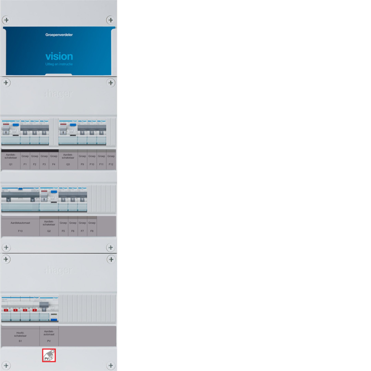 Hager Vision 9-Groepenverdeler, HS, 3X als 63a +PV haco 16a/300ma +3F haco, 3F