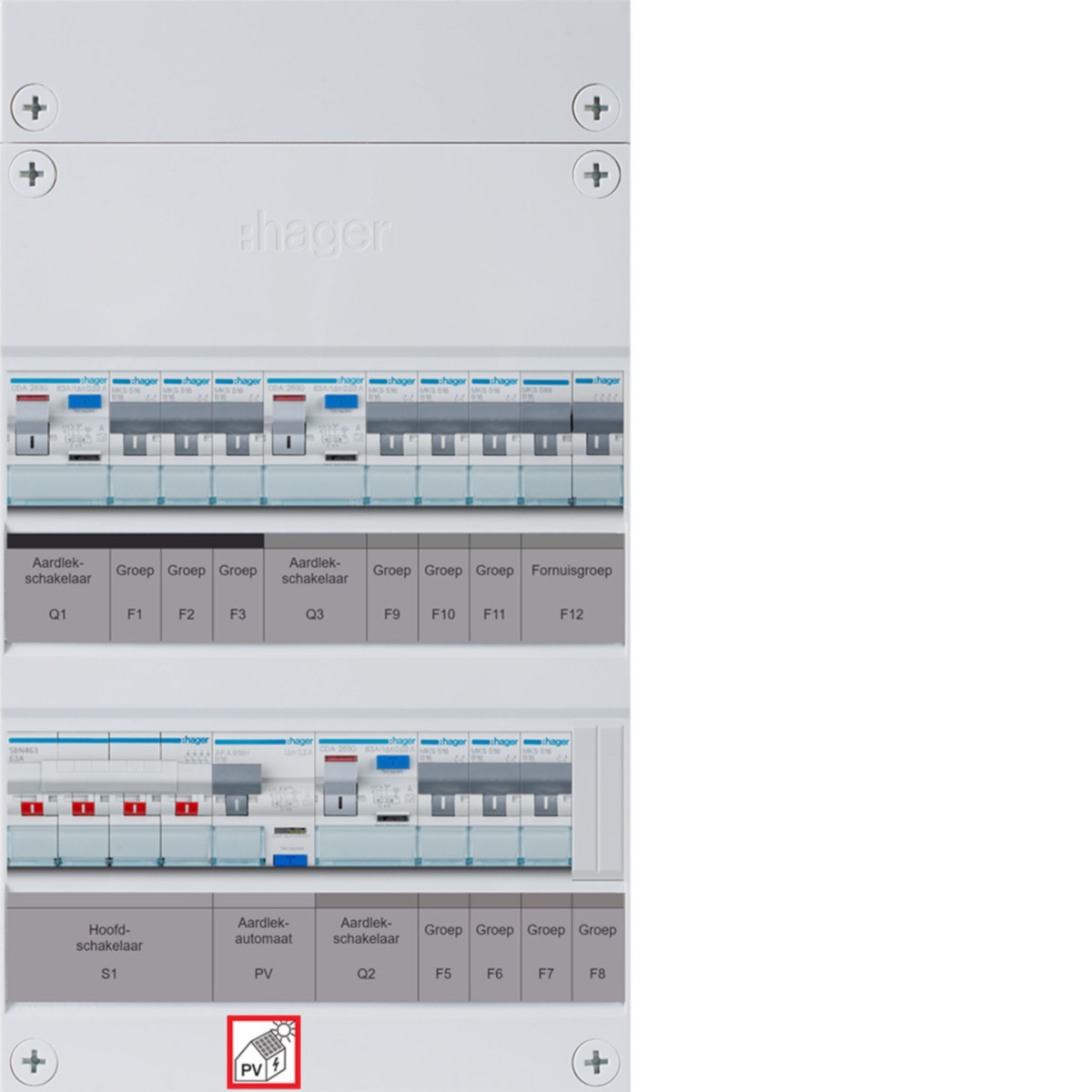 Hager Vision 9-Groepenverdeler, HS, 3X als 63a +PV haco 16a/300ma +kookgroep, 1/3F