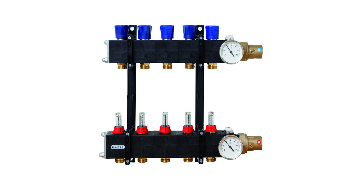 Henco Vloerverwarming Verdelers 17-Groeps composiet verdeler, regelb. met debietmeting