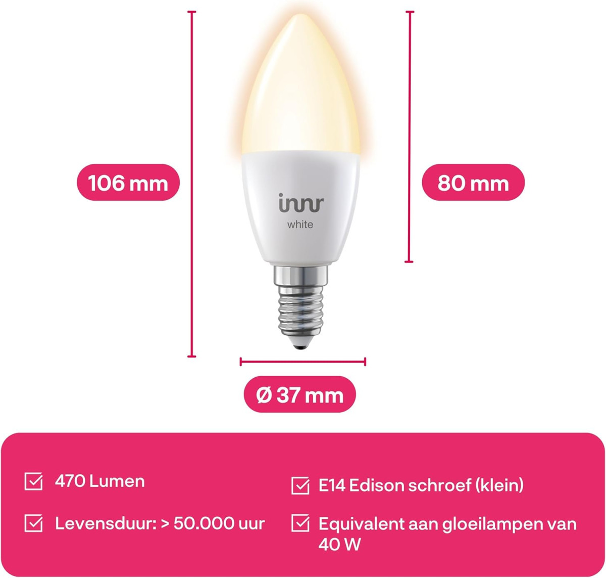Innr E14 Kaars Lamp Zigbee e14 smart led kaarslamp,warm wit,470LM, 2700K, 1ST