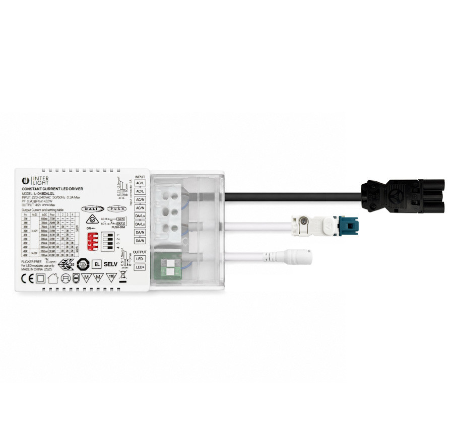 Interlight Universele driver Driver Led universeel dali2 650 T/M 1.100ma/42W loopable + 3+2 polig W