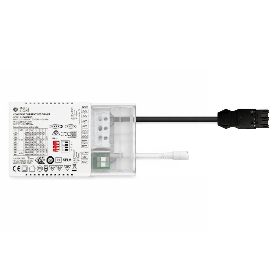 Interlight Universele driver Driver Led universeel dali2 650 T/M 1.100ma/42W loopable + 3 polig wag