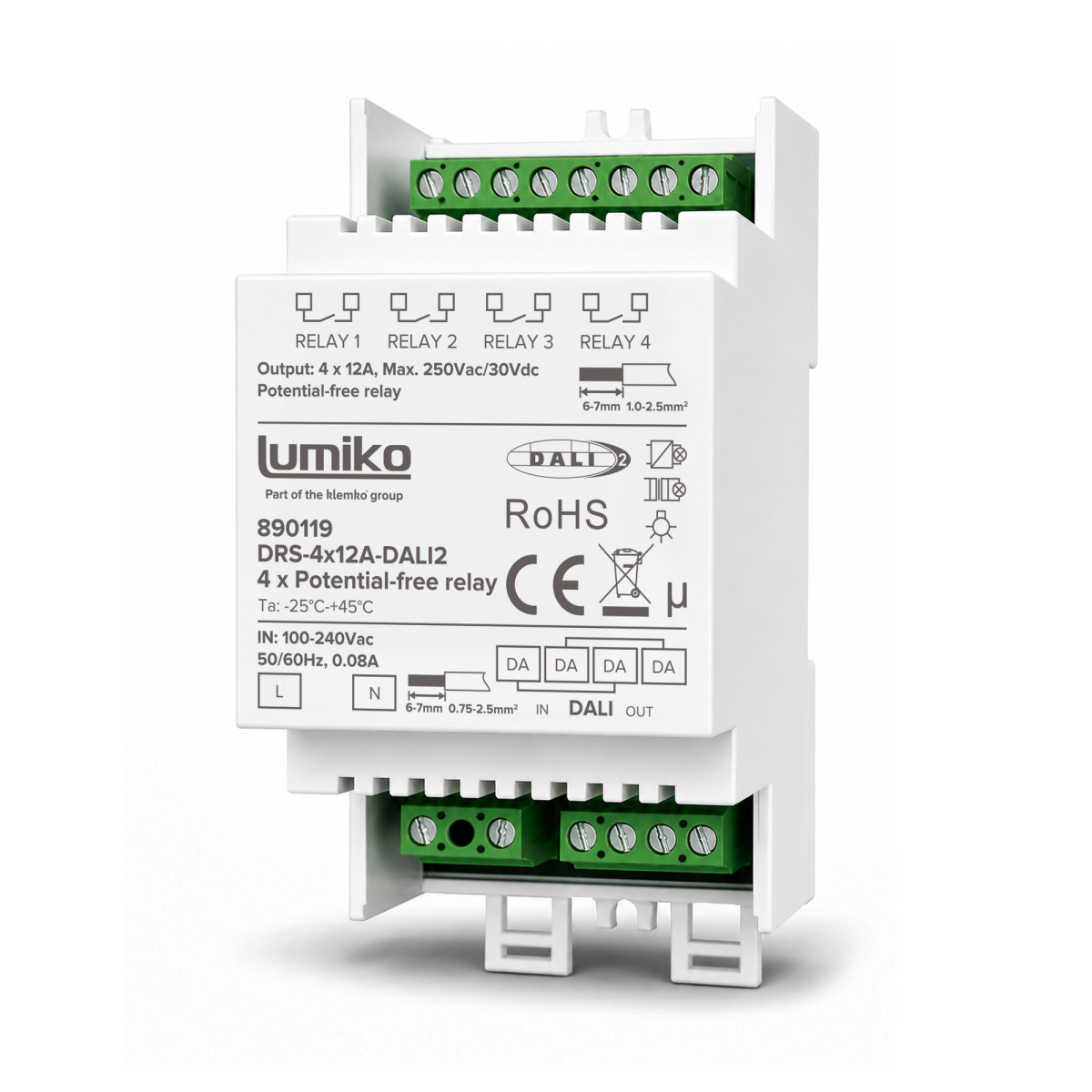 Klemko Dimmers, DALI Dinrail Schakelrelais dali2, 4 X 12a potentiaalvrij