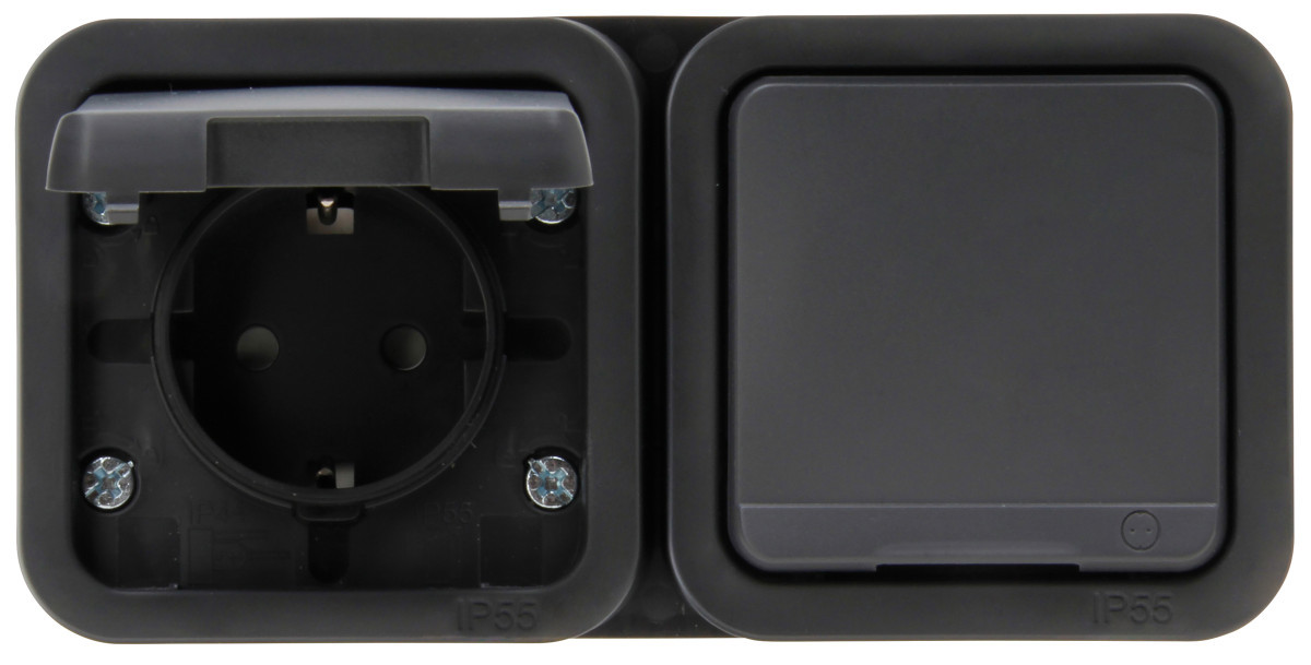 Kopp Maris - wandcontactdoos 2V ra deksel ip55 horz. antraciet bedraad
