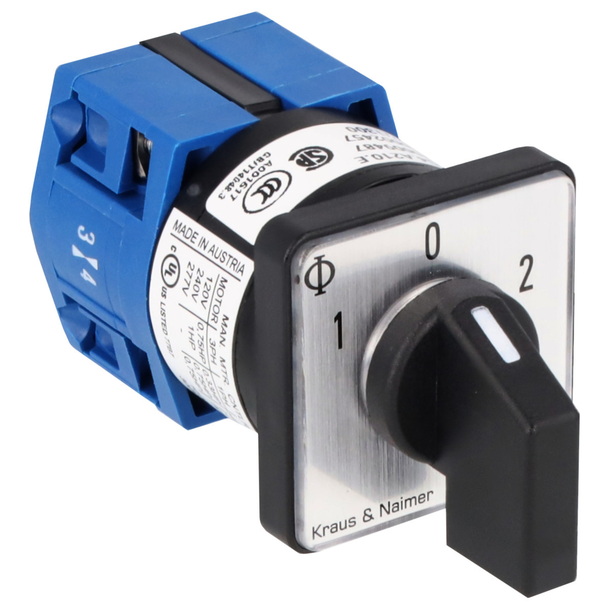 Kraus & Naimer Changeover switch Omschakelaar 10a 1pol 60° 1-0-2 frontinb. 2-gats bev. ip40