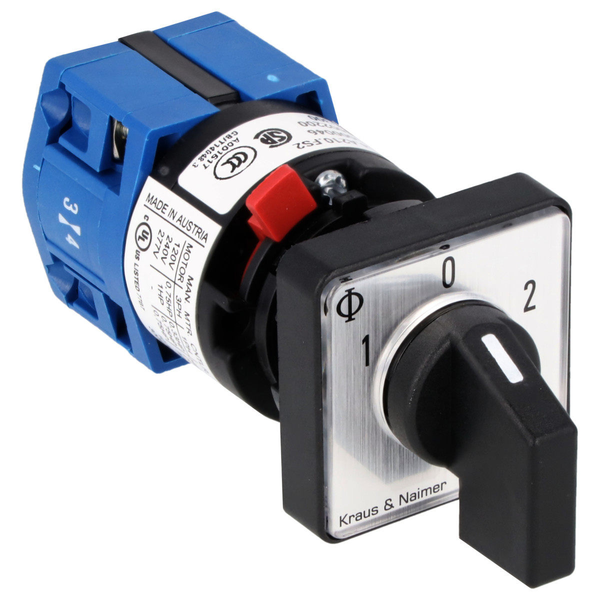 Kraus & Naimer Changeover switch Omschakelaar 10a 1pol 60° 1-0-2 frontinb. centr ip66/67/69K