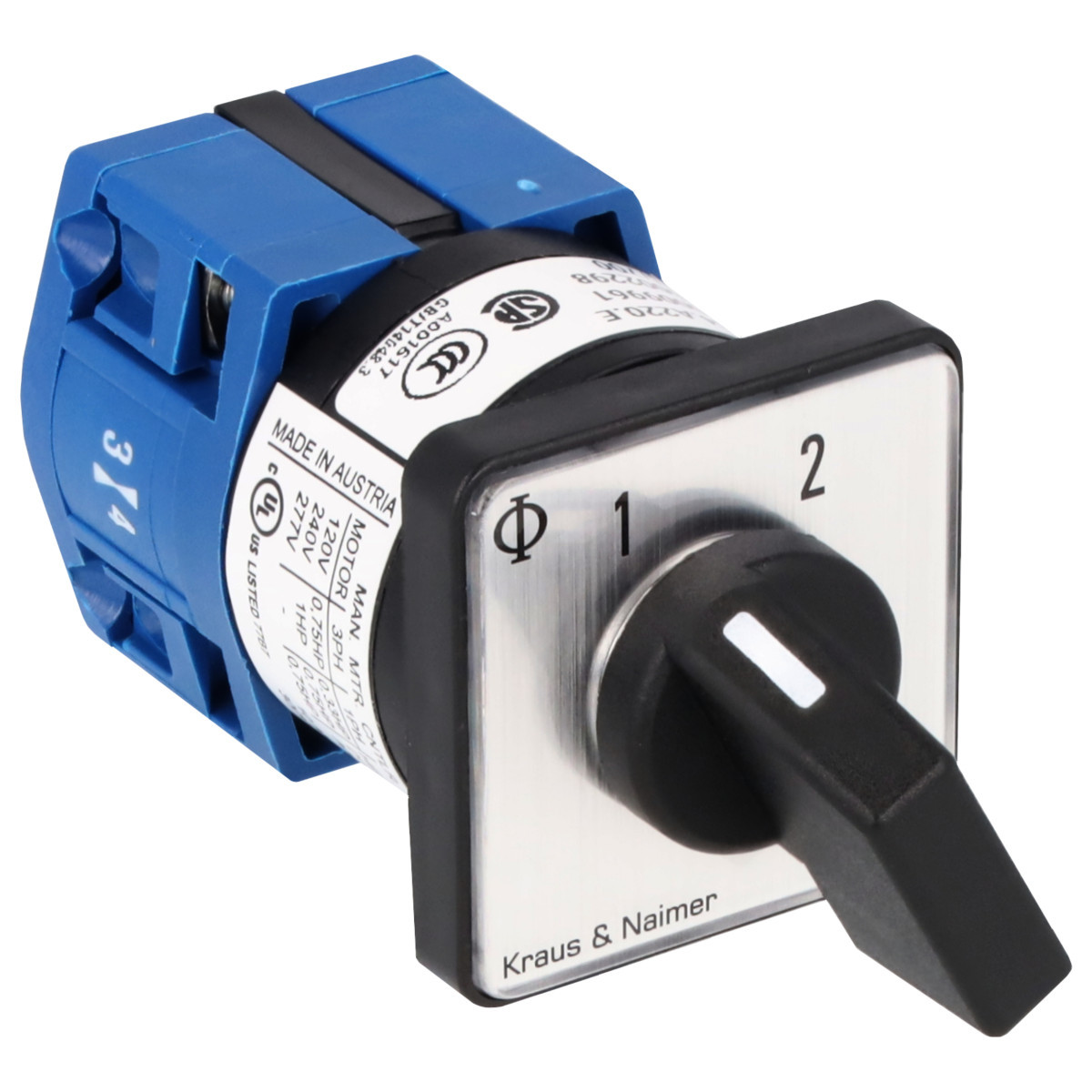 Kraus & Naimer Changeover switch Omschakelaar 10a 1pol 60° 1-2 frontinb. 2-gats bev. ip40