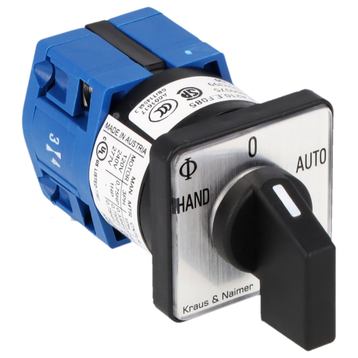Kraus & Naimer Changeover switch Omschakelaar 10a 1pol 60° hand-0-auto frontinb. 2-gats bev. ip40