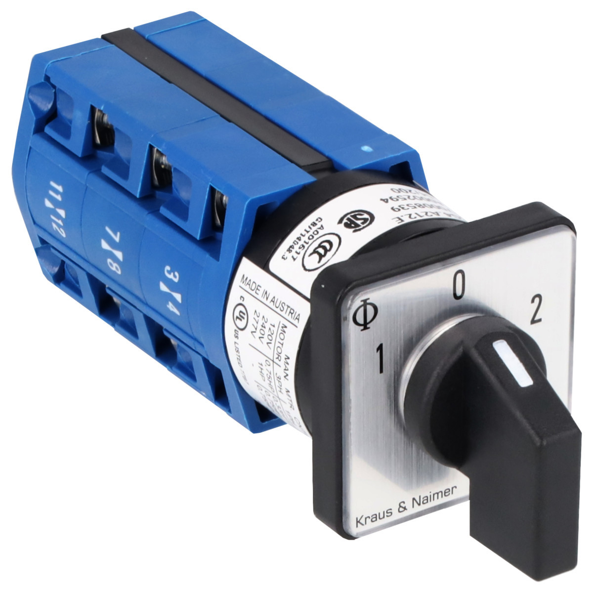 Kraus & Naimer Changeover switch Omschakelaar 10a 3pol 60° 1-0-2 frontinb. 2-gats bev. ip40