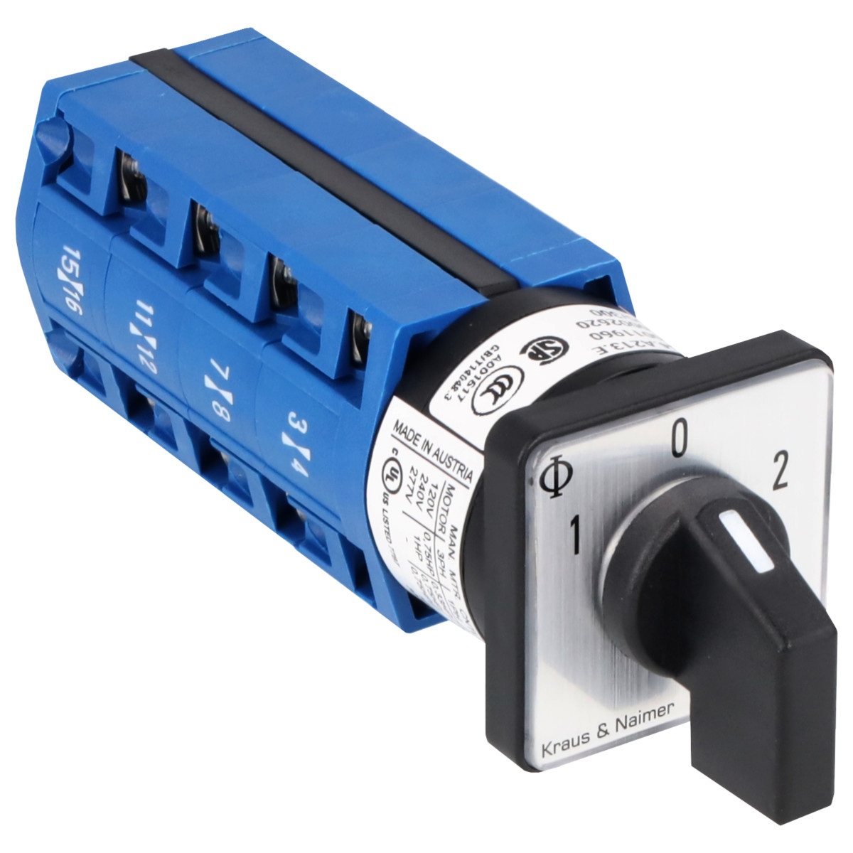 Kraus & Naimer Changeover switch Omschakelaar 10a 4pol 60° 1-0-2 frontinb. 2-gats bev. ip40