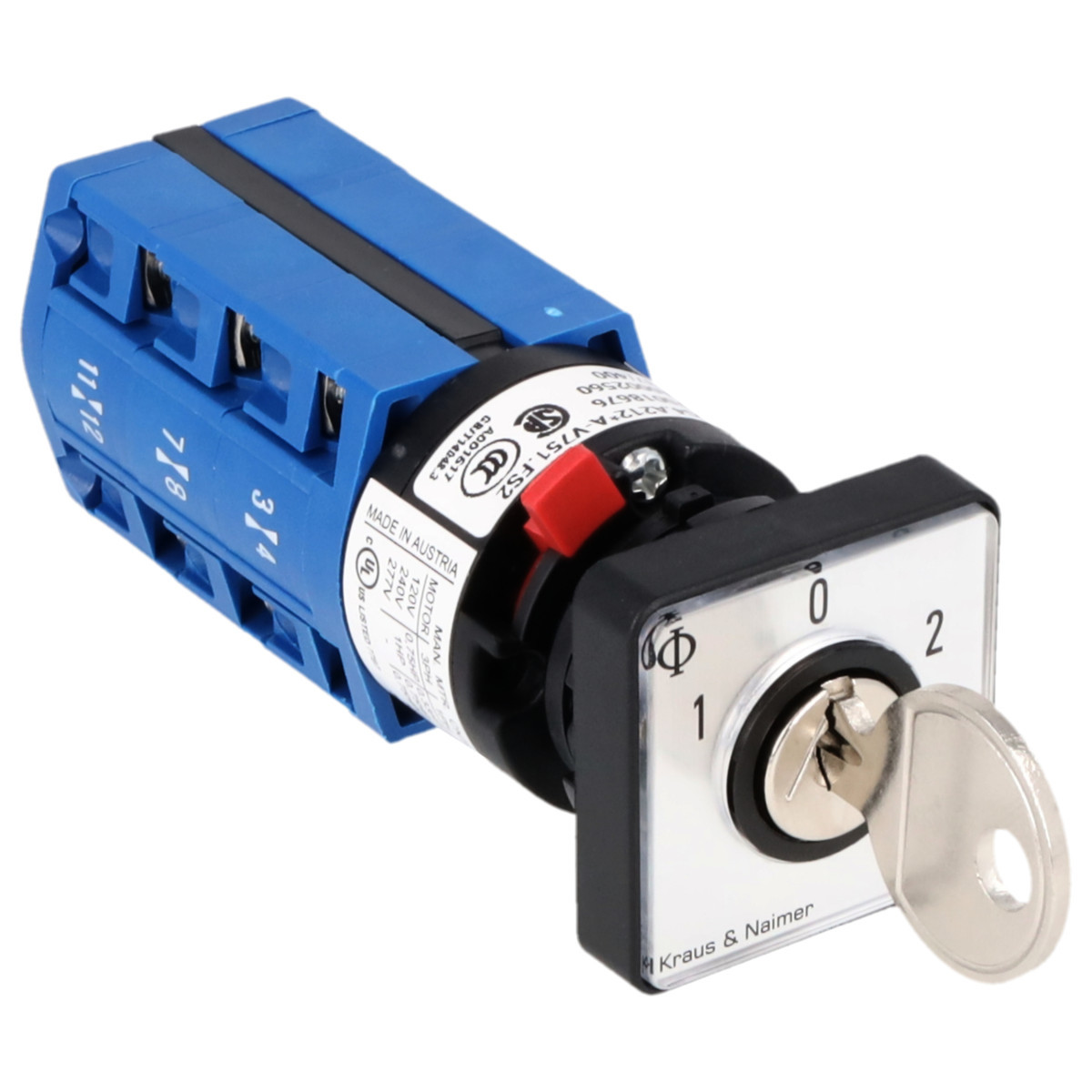 Kraus & Naimer Changeover switch Sleutelschak. 10a 3pol 60° 1-0-2 frontinb. centr ip66/67/69K.