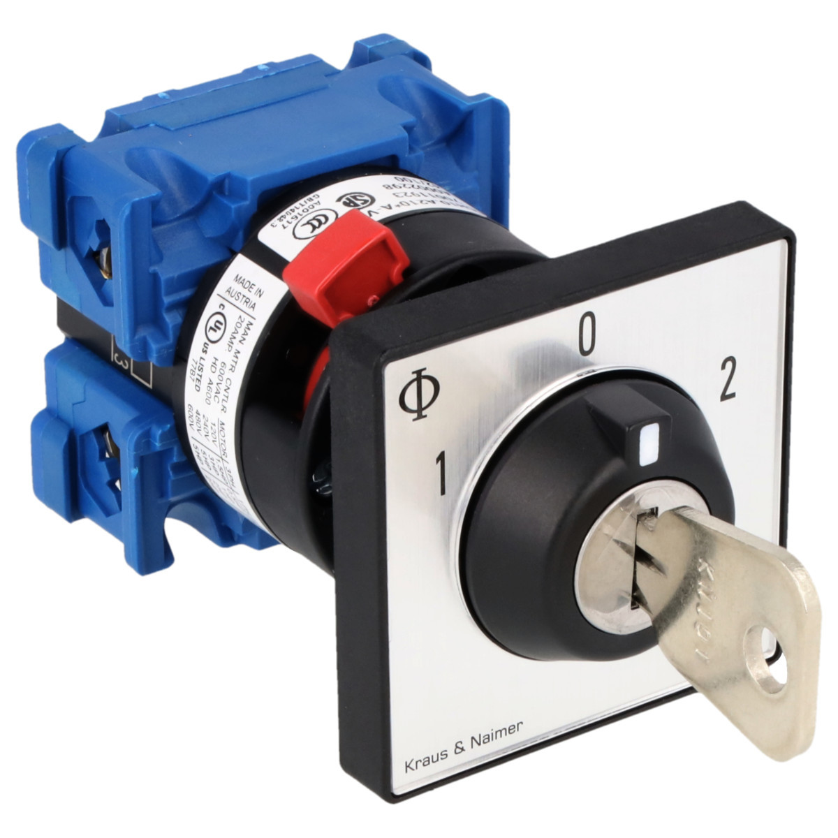 Kraus & Naimer Changeover switch Sleutelschak. 20a 1pol 60° 1-0-2 frontinb. centr. ip66/67/69K.