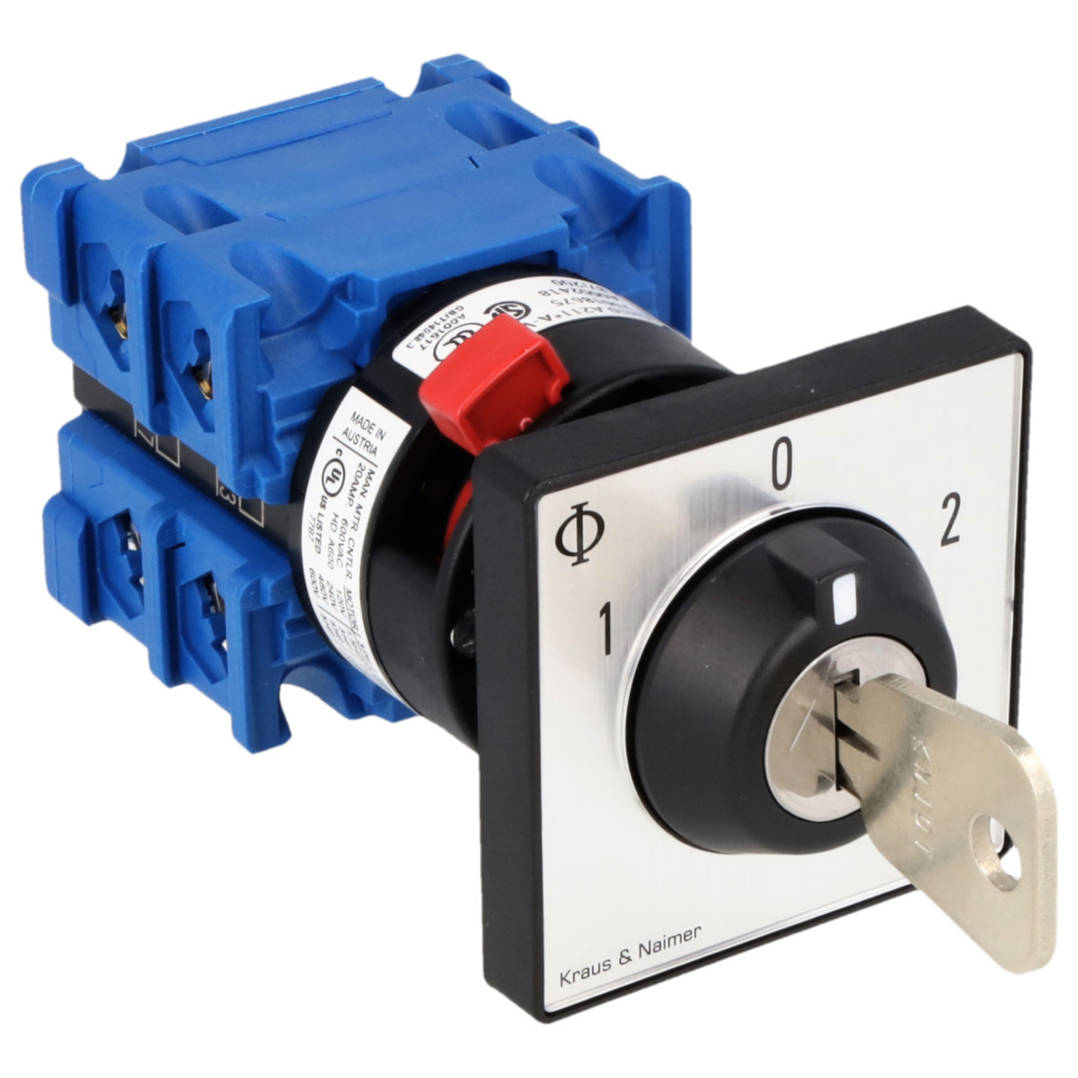 Kraus & Naimer Changeover switch Sleutelschak. 20a 2pol 60° 1-0-2 frontinb. centr. ip66/67/69K.