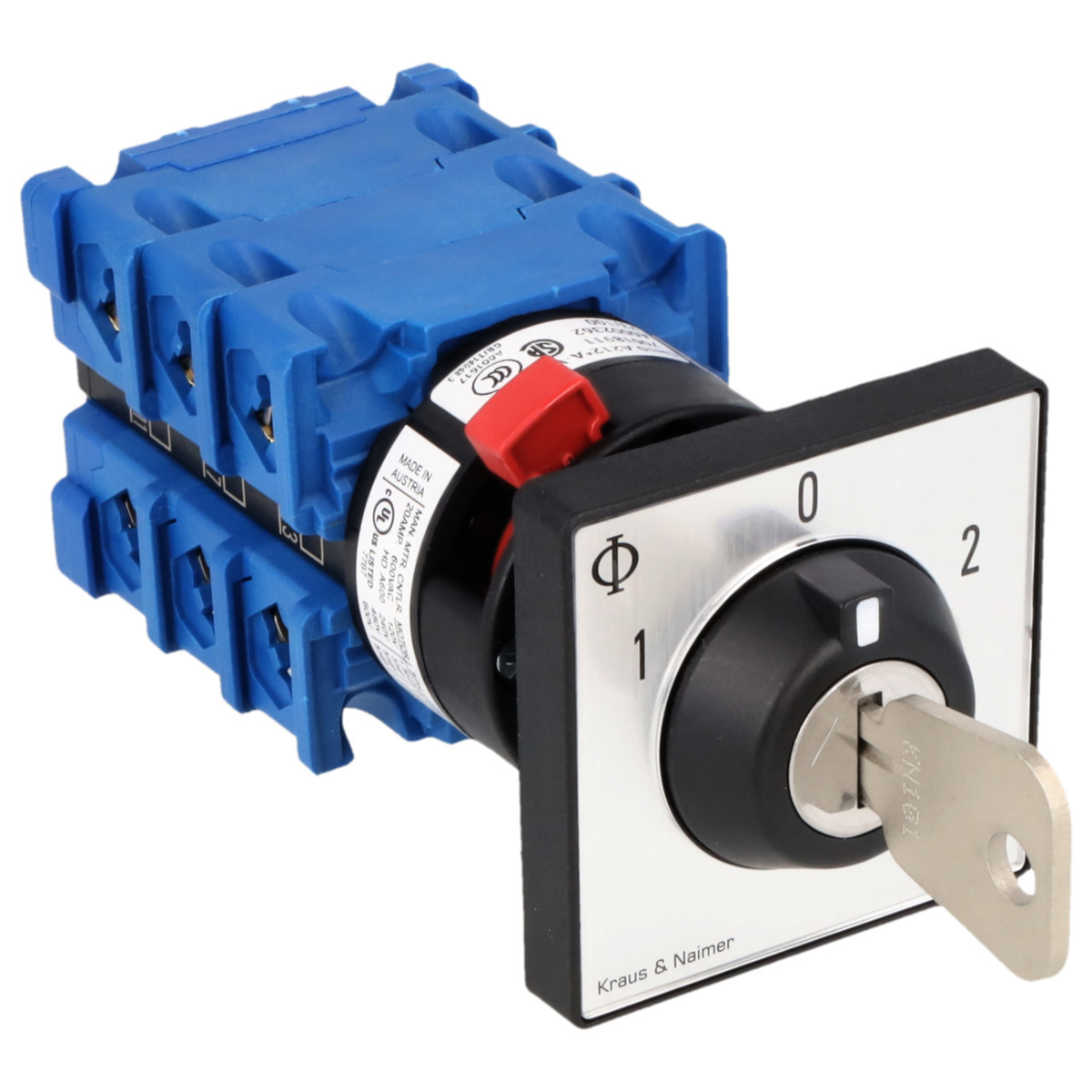 Kraus & Naimer Changeover switch Sleutelschak. 20a 3pol 60° 1-0-2 frontinb. centr. ip66/67/69K.