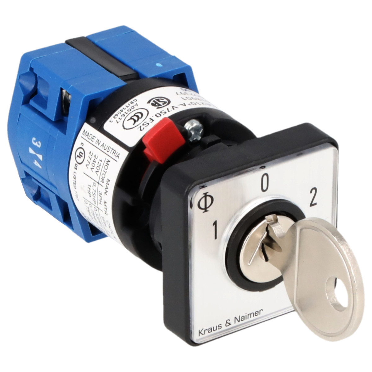 Kraus & Naimer Changeover switch Sleutelschakelaar 10a 1pol 60° 1-0-2 frontinb. centr ip66/67/69K