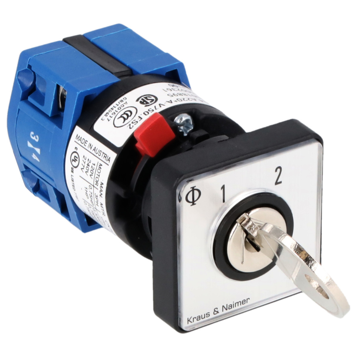 Kraus & Naimer Changeover switch Sleutelschakelaar 10a 1pol 60° 1-2 frontinb. centr ip66/67/69K