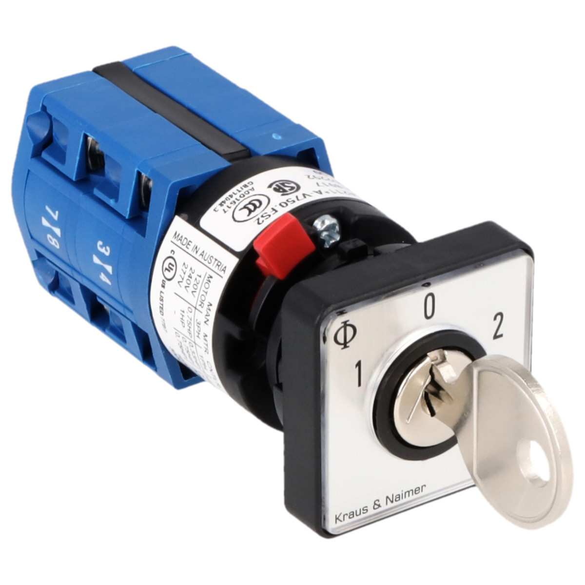 Kraus & Naimer Changeover switch Sleutelschakelaar 10a 2pol 60° 1-0-2 frontinb. centr ip66/67/69K
