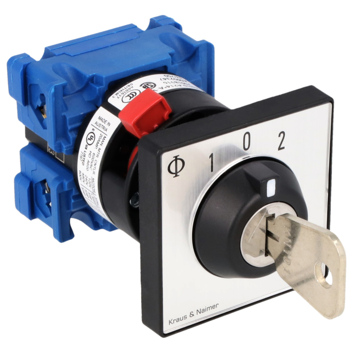 Kraus & Naimer Changeover switch Sleutelschakelaar 20a 1pol 30° 1-0-1 frontinb. centr. ip66/67/69K