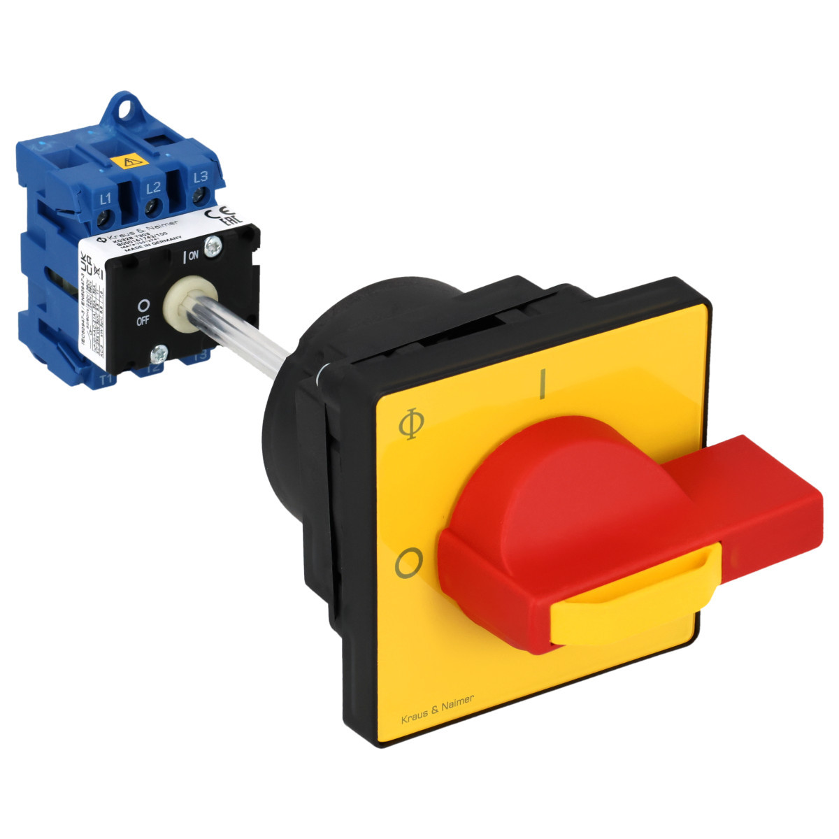 Kraus & Naimer Hauptschalter Nood/Uitschak. 32a 3pol 90° 0-1 bodemmon. 4-gats ip40