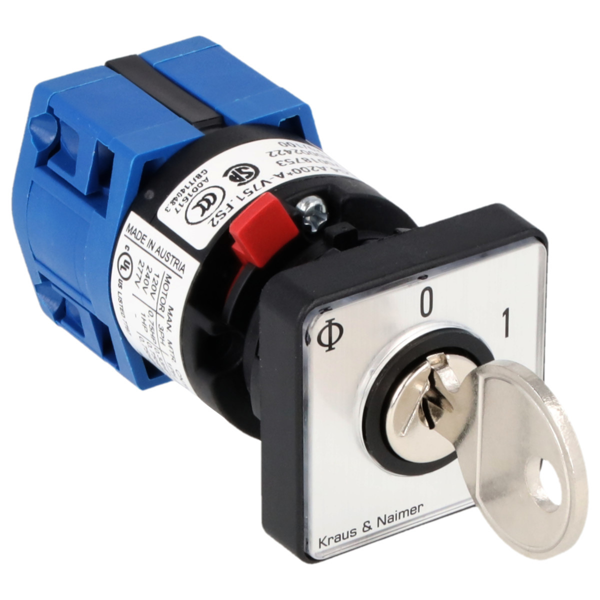 Kraus & Naimer ON/OFF switch Sleutelschak. 10a 1pol 60° 0-1 frontinb. centr ip66/67/69K.