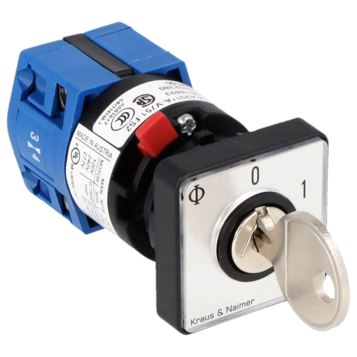 Kraus & Naimer ON/OFF switch Sleutelschak. 10a 2pol 60° 0-1 frontinb. centr ip66/67/69K.