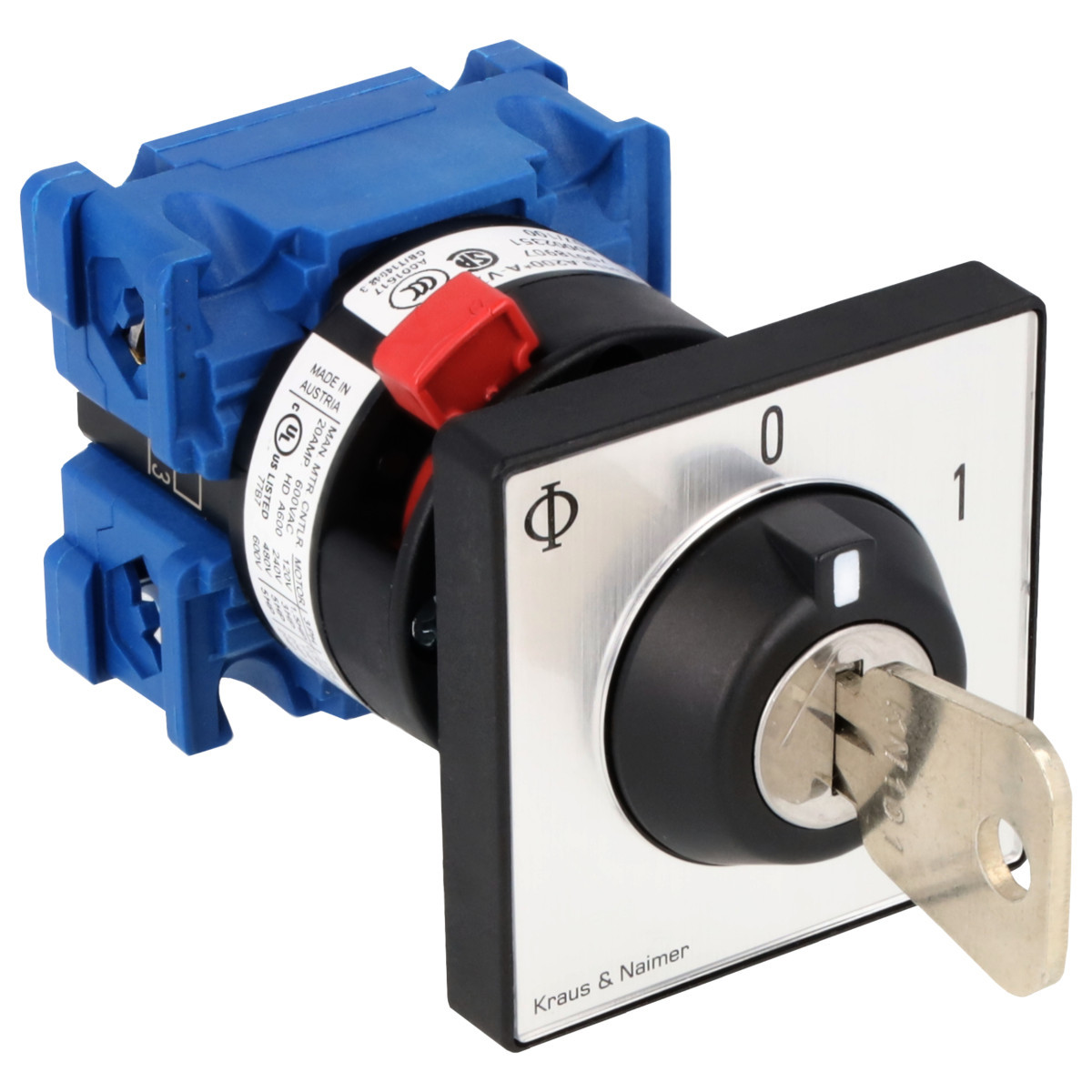 Kraus & Naimer ON/OFF switch Sleutelschak. 20a 1pol 60° 0-1 frontinb. centr. ip66/67/69K.