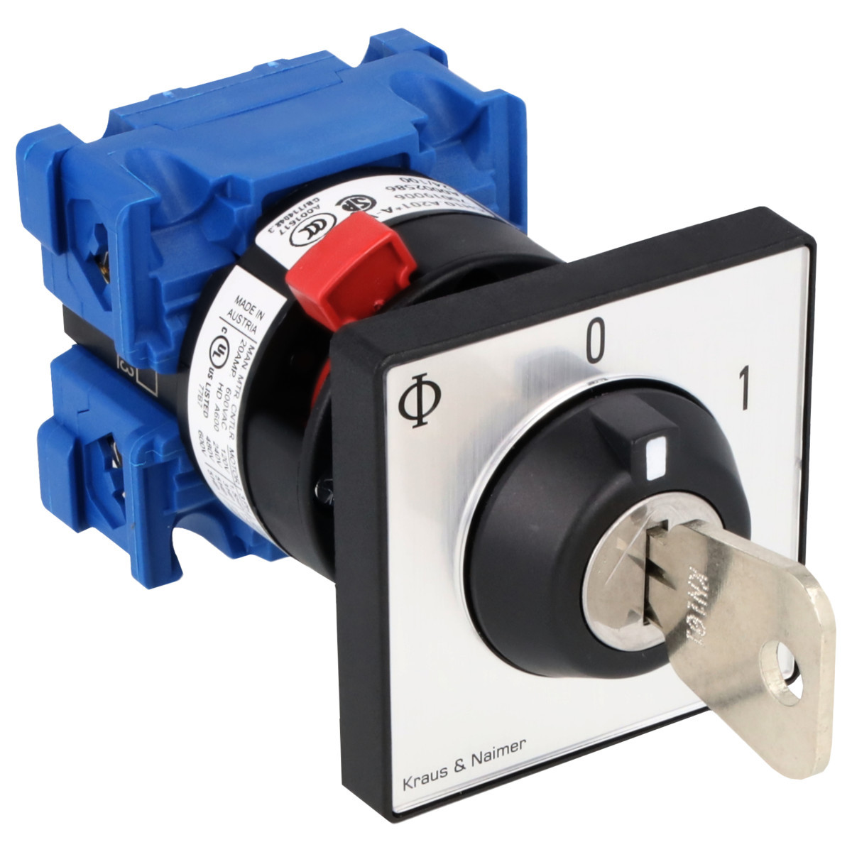 Kraus & Naimer ON/OFF switch Sleutelschak. 20a 2pol 60° 0-1 frontinb. centr. ip66/67/69K.