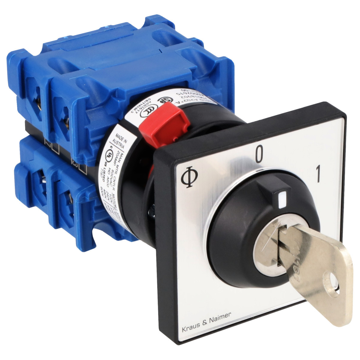 Kraus & Naimer ON/OFF switch Sleutelschak. 20a 3pol 60° 0-1 frontinb. centr. ip66/67/69K.