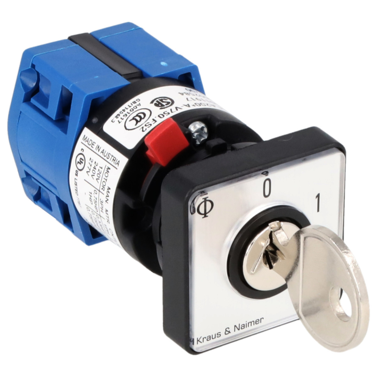 Kraus & Naimer ON/OFF switch Sleutelschakelaar 10a 1pol 60° 0-1 frontinb. centr ip66/67/69K