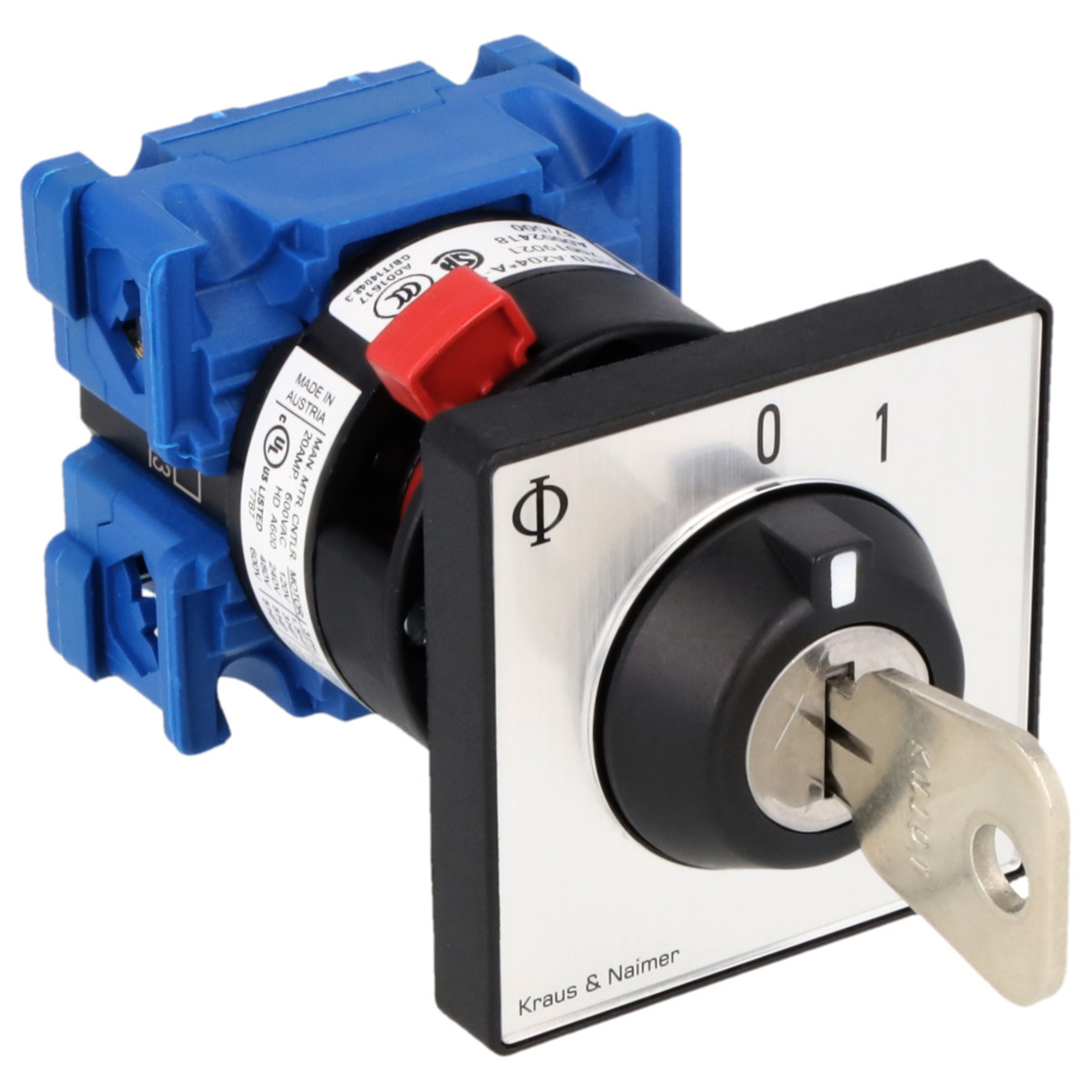Kraus & Naimer ON/OFF switch Sleutelschakelaar 20a 2pol 90° 0-1 frontinb. centr. ip66/67/69K