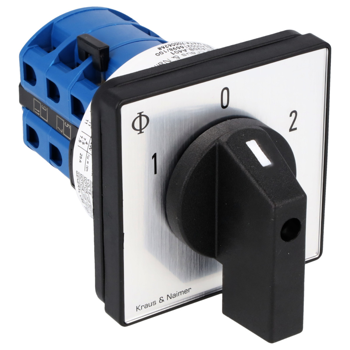 Kraus & Naimer Reversing changeover switch Motoromkeerschak. 25a 3pol 60° 1-0-2 frontinb. 4-gats bev. ip40.
