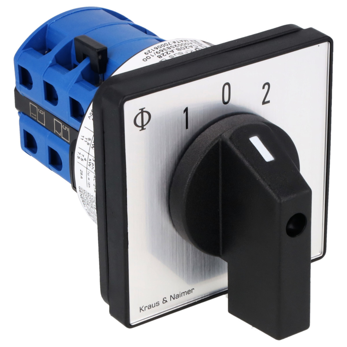 Kraus & Naimer Reversing changeover switch Motoromkeerschakelaar 25a 3pol 30° 1-0-1 frontinb. 4-gats bev. ip40