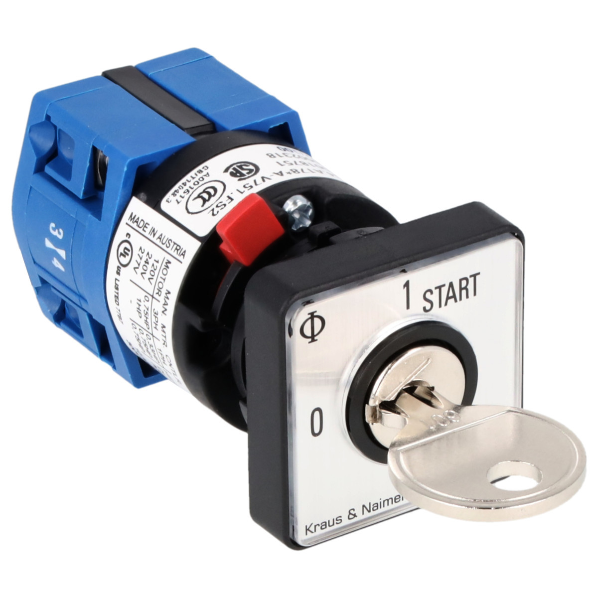 Kraus & Naimer Start stop switch Sleutelschakelaar 10a 90° 0-1-start frontinb. centr ip66/67/69K