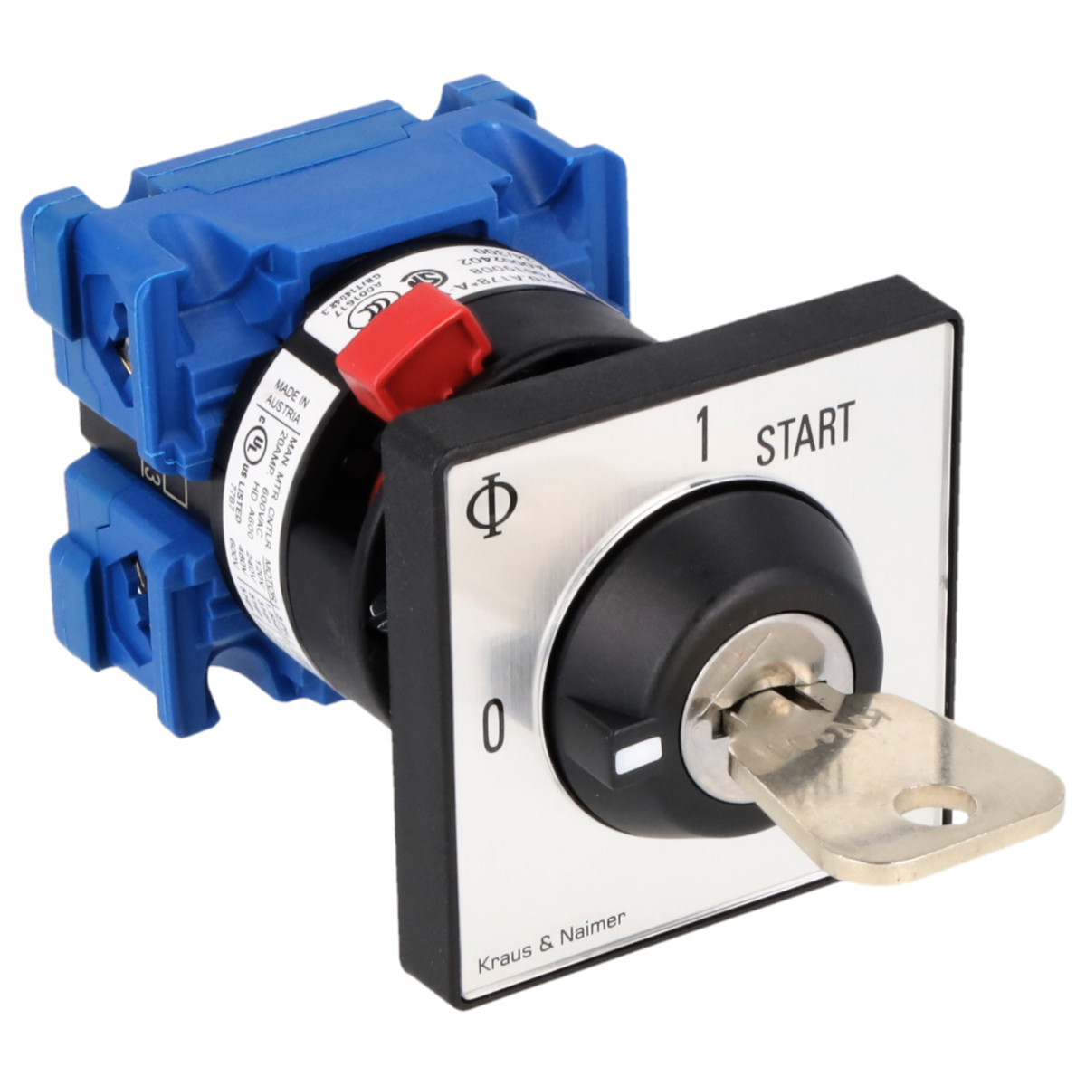 Kraus & Naimer Start stop switch Sleutelschakelaar 20a 90° 0-1-start frontinb. centr. ip66/67/69K