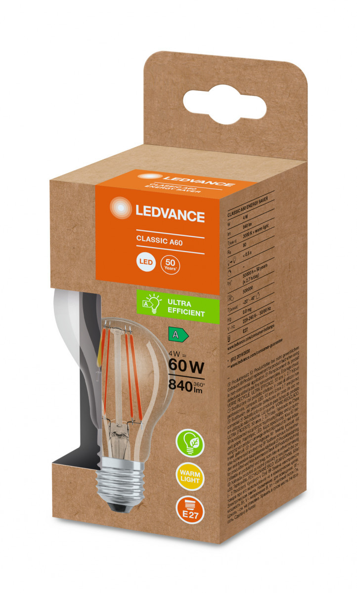 Ledvance LED CLASSIC A ENERGY EFFICIENCY A S Led Classic A energy efficiency A S 4W 830 clear e27