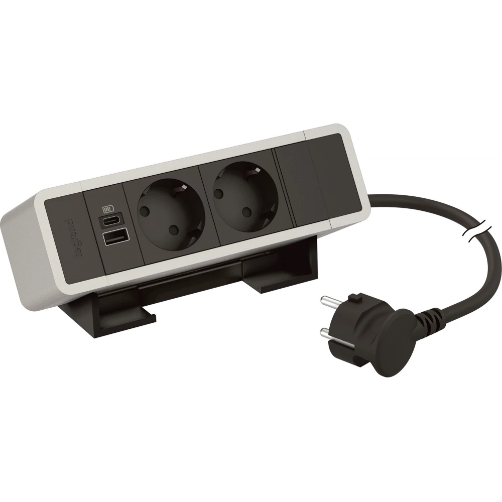 Legrand Incara Bureaublok Alu.zwart -2 WCD + 1 usb a+c 15W - snoer l2m+stekker