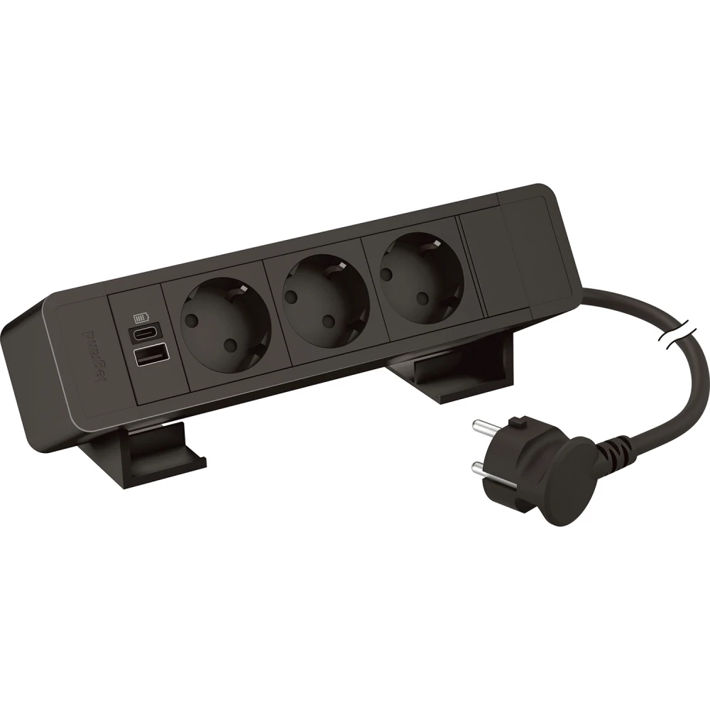 Legrand Incara Bureaublok Zwart -3 WCD + 1 usb a+c 15W - snoer l2m+stekker