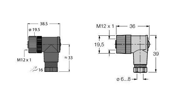 Turck M12 × 1 round connector field-wireable female connector angled
