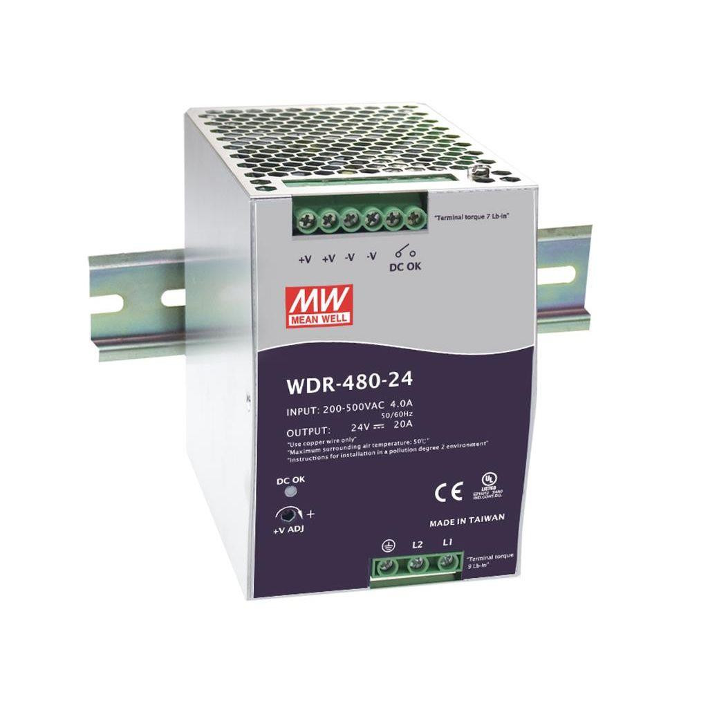 Mean Well ac-DC industrial din rail power supply; output 48VDC at 10a; metal case; ultra wide input 180-550vac for single and two phase mains network