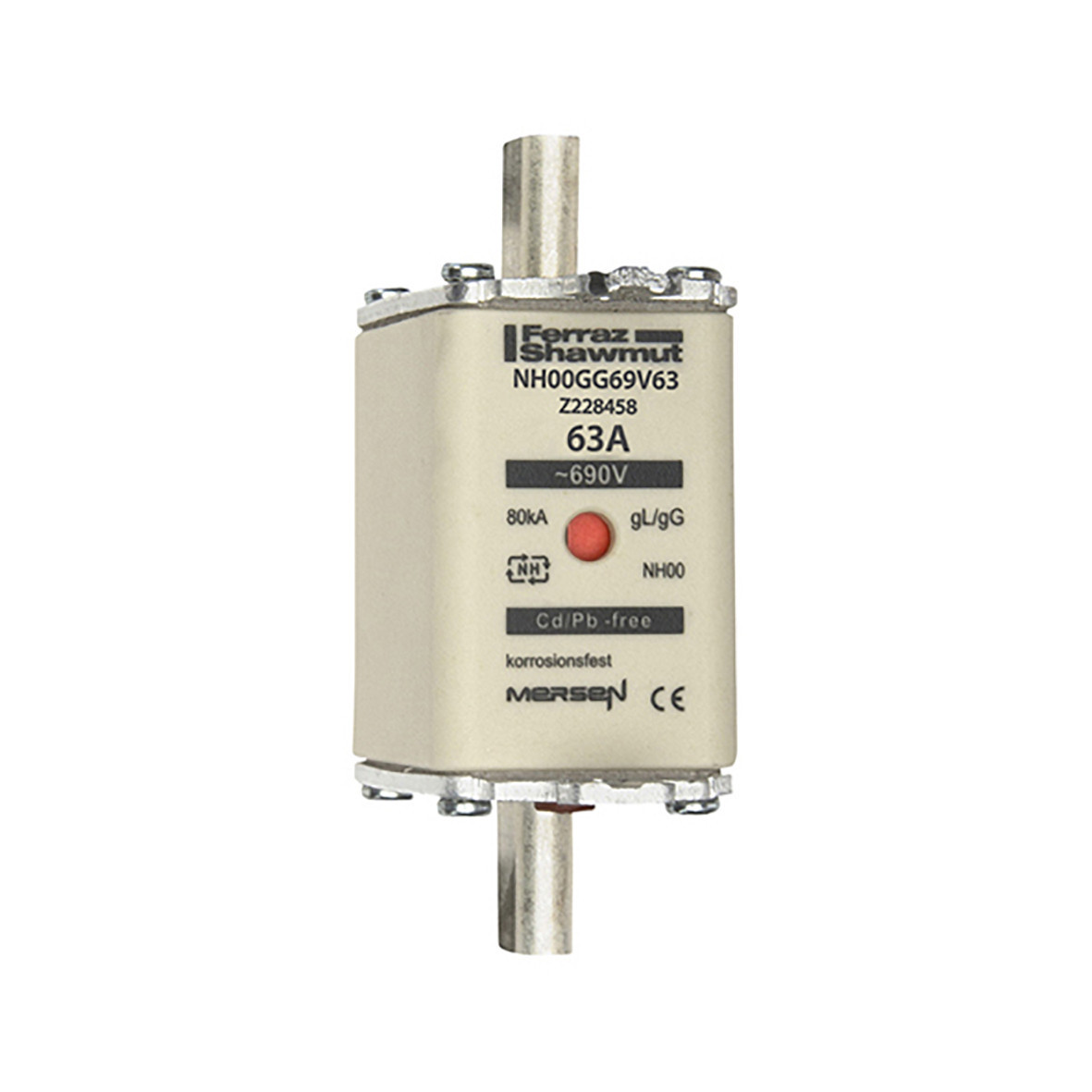 Mersen IEC NH zekeringen Zekering Maat NH00 GG 690vac 63a niet-geïsoleerde trekoren DBL indic.