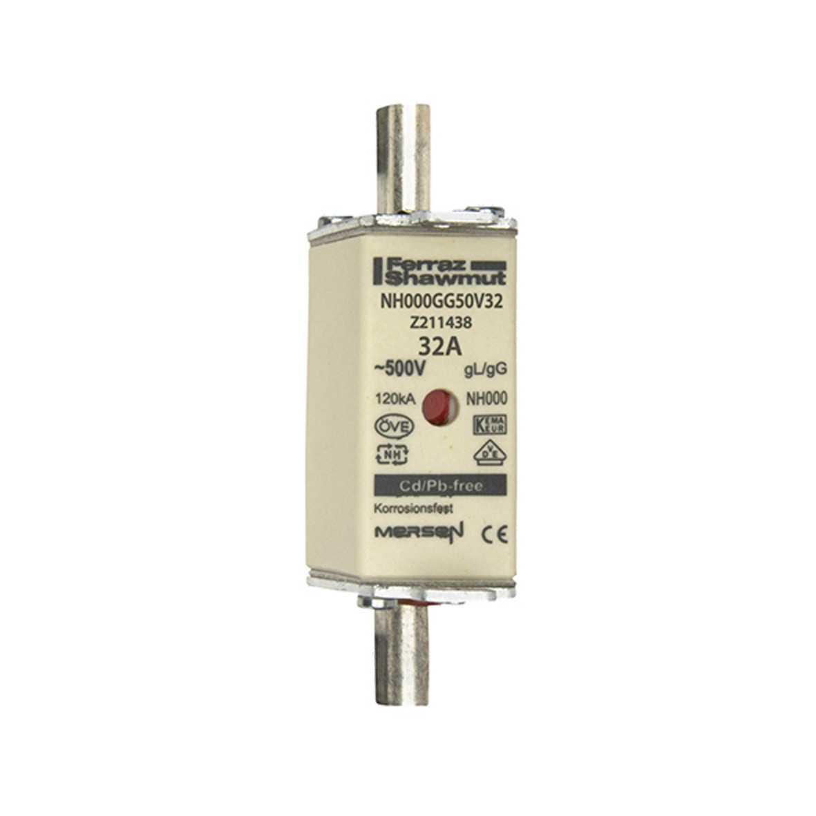 Mersen IEC NH zekeringen Zekering Maat NH000 GG 500vac 32a niet-geïsoleerde trekoren DBL indic.