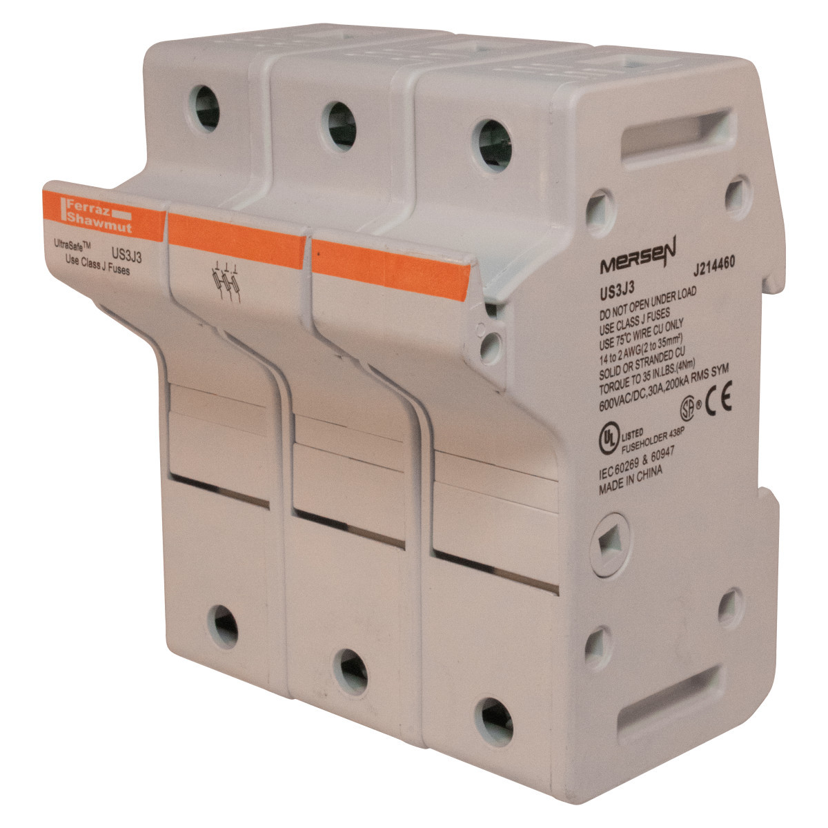 Mersen UL/CSA zekeringhouders Zekeringhouder 600vac 600VDC klasse J 30a 3-polig drukplaat ip65
