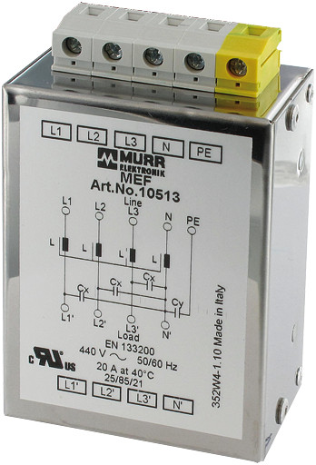 Murrelektronik mains filters 3-phase Mef Emc-filter 3-phase 1-stage with neutral i:6a u:4x440 vac snap on