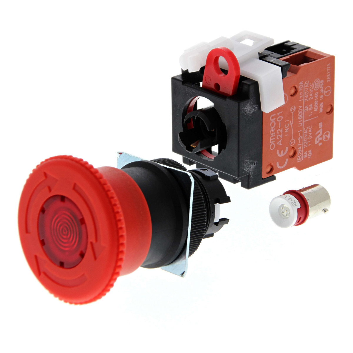 Omron Overige veiligheidscomponenten Emergency Stop switch, 12 vac/DC illuminated, 40MM dia, push-lock/turn