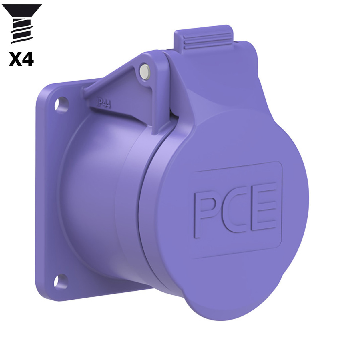 PCE wandcontactdoos CEE Cee Inbouw WCD recht 16a 2P 24V paars ip44 flens 55x55mm ST 45x45mm VG