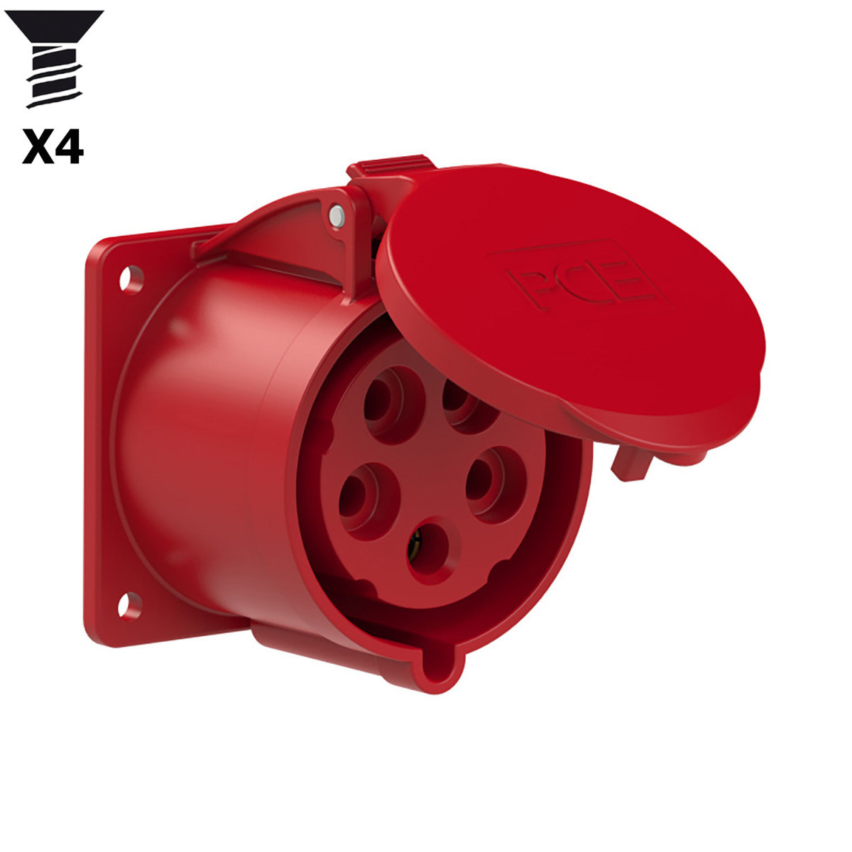 PCE wandcontactdoos CEE Cee Inbouw WCD recht 32a 5P 400V 6H rood ip54 flens 75x75mm VG