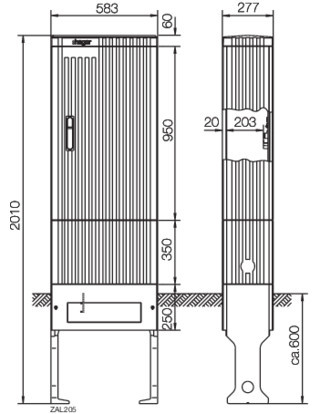 Hager Buitenopstellingskast Polyester Verdeelzuil, bouwgrootte 205, leeg, 2010x583x277 MM