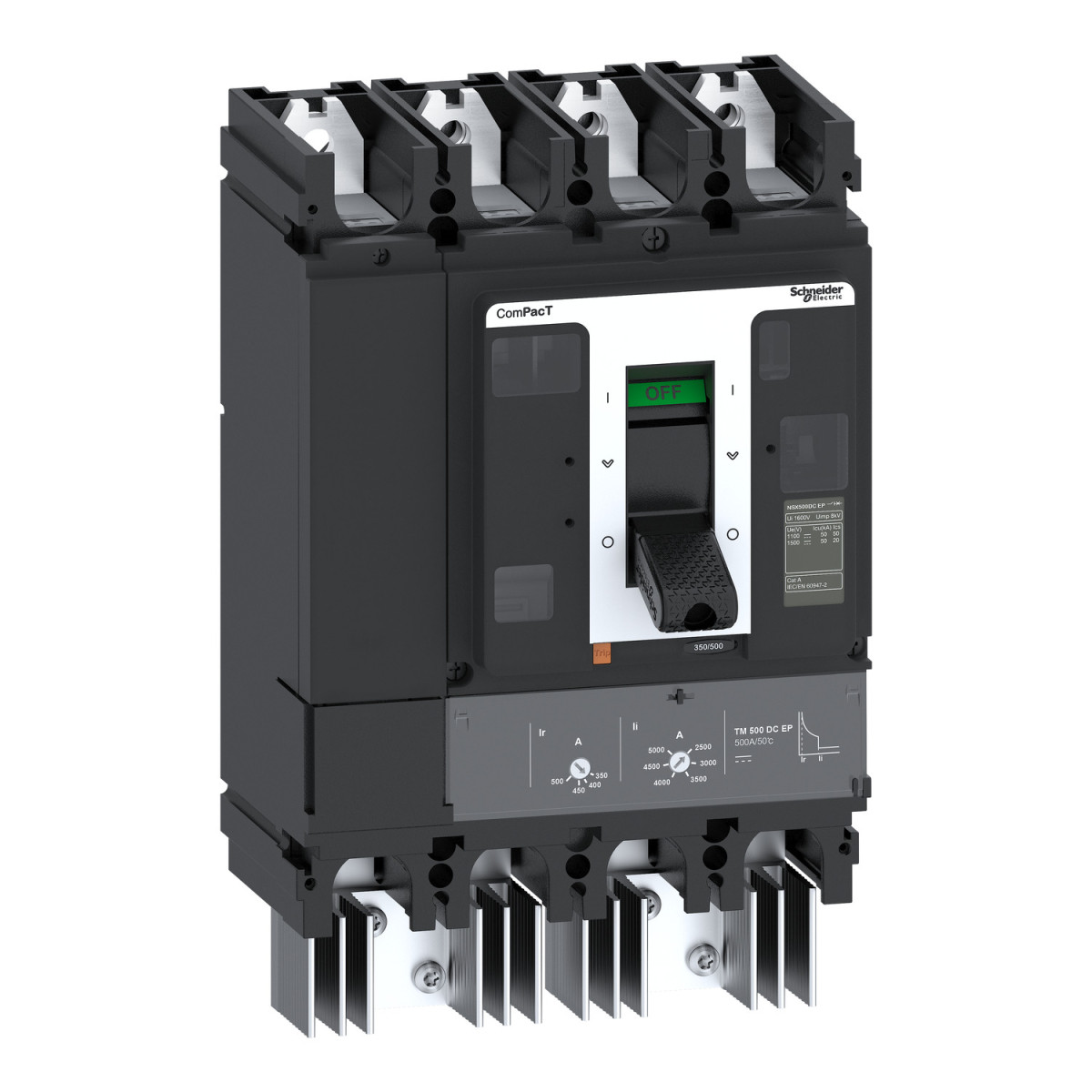 Schneider Electric ComPacT for DC networks, new genera Vermogensschakelaar, compact NSX500 TM DC ep, 50ka/1500VDC, 4 polen, T